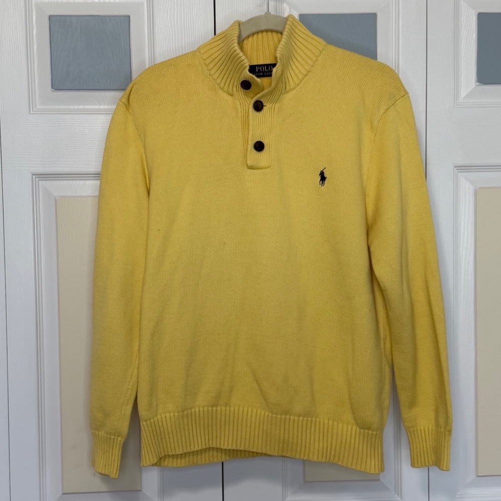 Polo Ralph Lauren Mens L Yellow Cotton Knit Button Mock Neck Pullover Sweater
